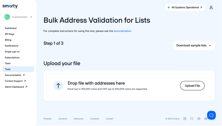 Bulk Address Validation showing the upload file button.