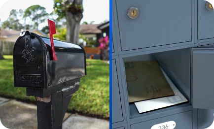 split image with single mailbox on left and opened box in community mailbox on right