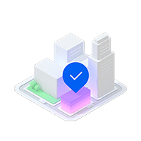 city block with a location pin on a glowing building