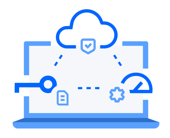 cartoon laptop with key icon, cloud icon, and gauge icon connected by dotted lines